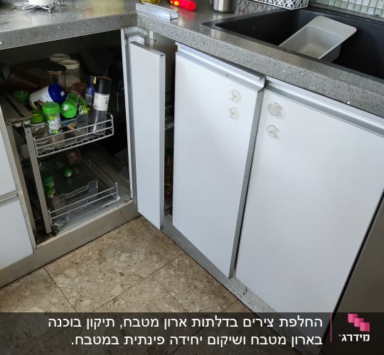 מטבח עם ארון פתוח וכלי עבודה על השיש